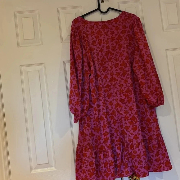Dex light satin 3/4 puff sleeves V neck Floral Ruffled Hem midi dress Sz XL - Picture 9 of 17